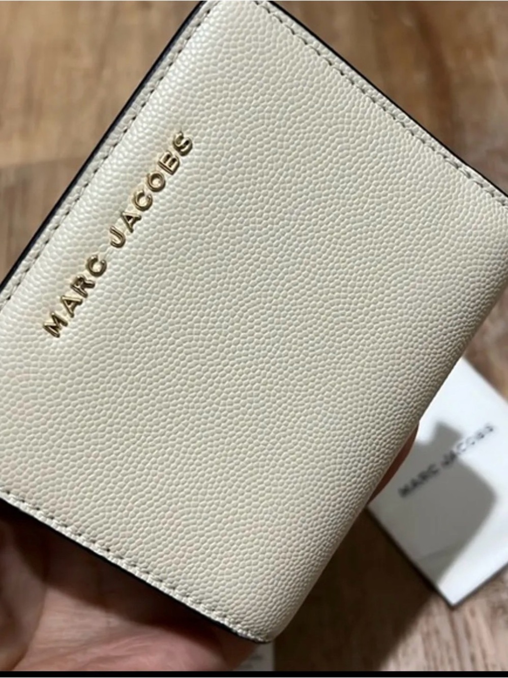 Marc Jacobs Cream Pebbled Leather Bi-Fold Wallet with Gold Logo